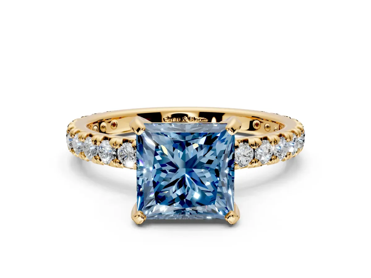 Solitaire Engagement Ring Setting for Fancy Blue Princess Cut Center with Shared-Prong Accents and Prong Head in Yellow Gold