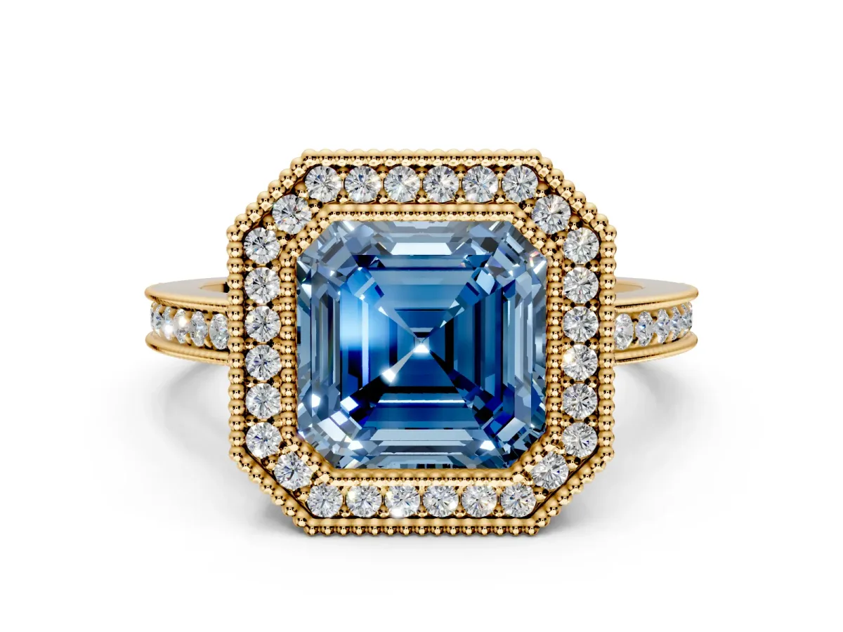Halo Engagement Ring Setting for Fancy Blue Asscher Cut Center with Milgrain Halo, Pave Band and Prong Head in Yellow Gold