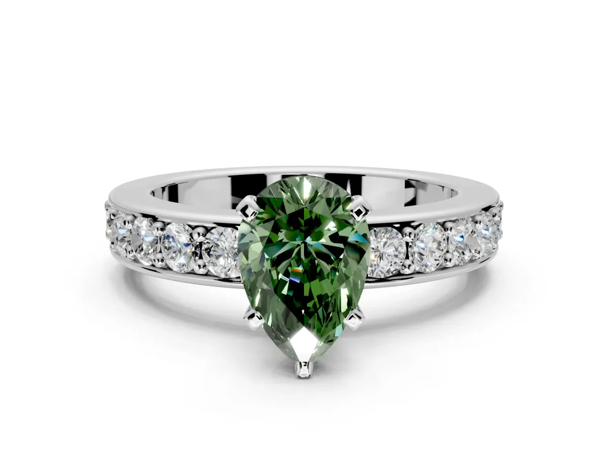 Solitaire Engagement Ring Setting for Fancy Green Pear-Shaped Center with Channel-Set Accents and Prong Head in Platinum