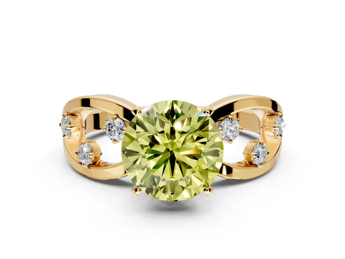 Solitaire Engagement Ring Setting for Fancy Yellow Round Cut Center with Criss-Cross Accent Band and Prong Head in Yellow Gold