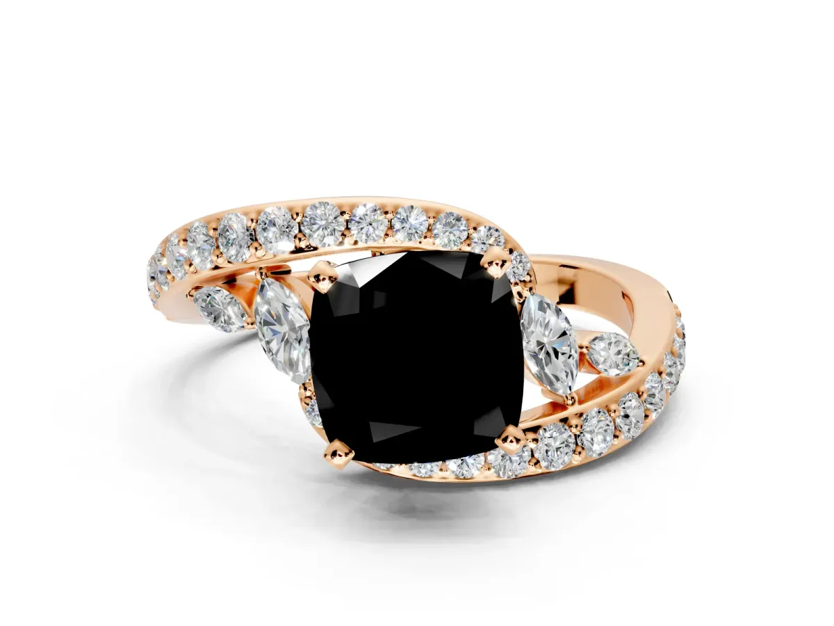 Solitaire Engagement Ring Setting for Fancy Black Cushion Cut Center with Filigree Band and Prong Head in Rose Gold