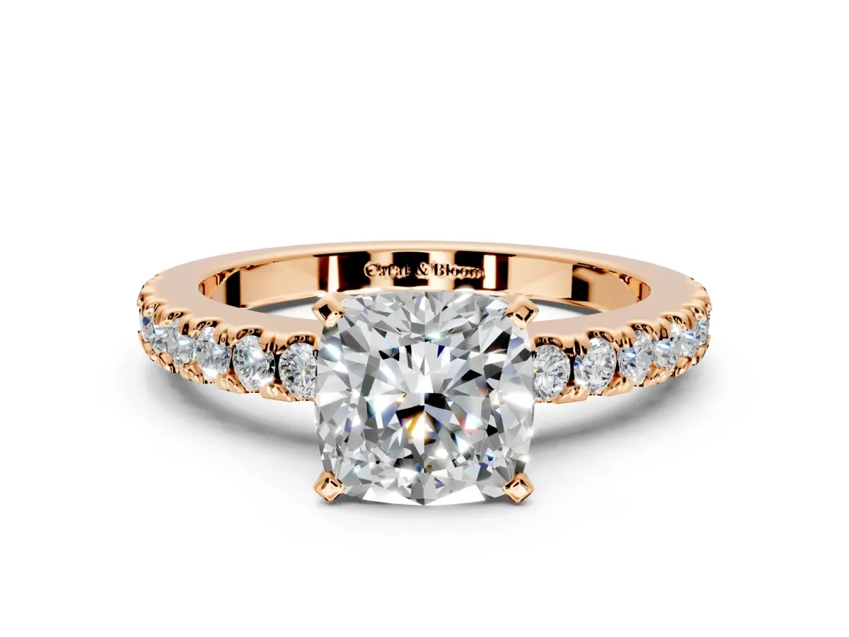 Solitaire Engagement Ring Setting for Cushion Cut Center with Single Row Accent Band and Prong Head in Rose Gold