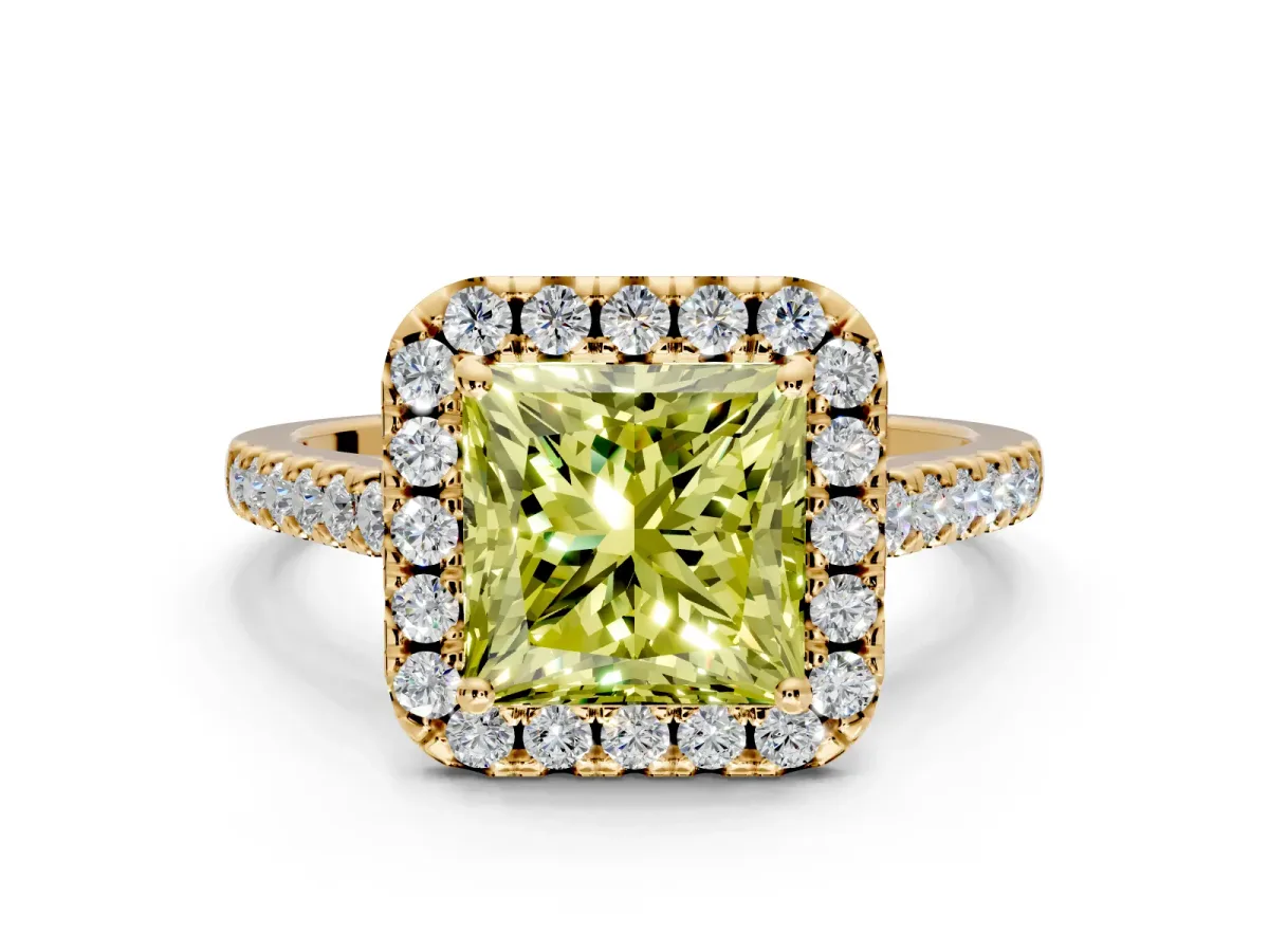Halo Engagement Ring Setting for Fancy Yellow Princess Cut Center with Raised Halo, Pave Band and Prong Head in Yellow Gold