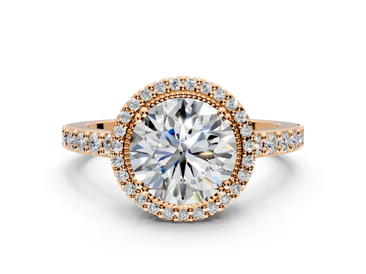 Halo Engagement Ring Setting for Round Cut Center with Inner Milgrain Border and Prong Head in Rose Gold
