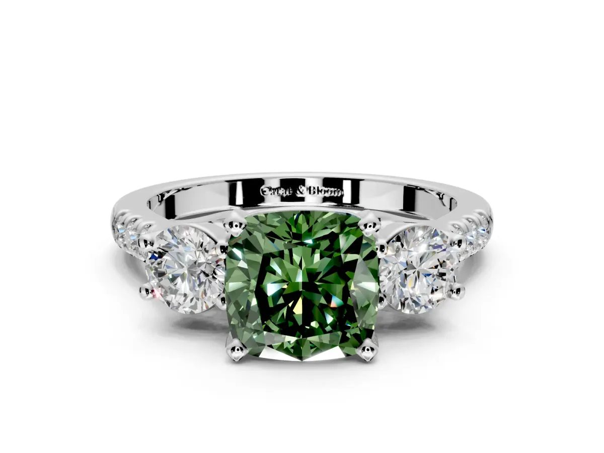 3 Stone Engagement Ring Setting for Fancy Green Cushion Cut Center with Crossover Basket, Pave Band and Prong Head in White Gold