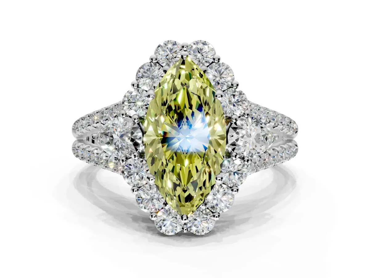 Halo Engagement Ring Setting for Fancy Yellow Marquise Center with Two-Strand Split Shank and Prong Head in Sterling Silver