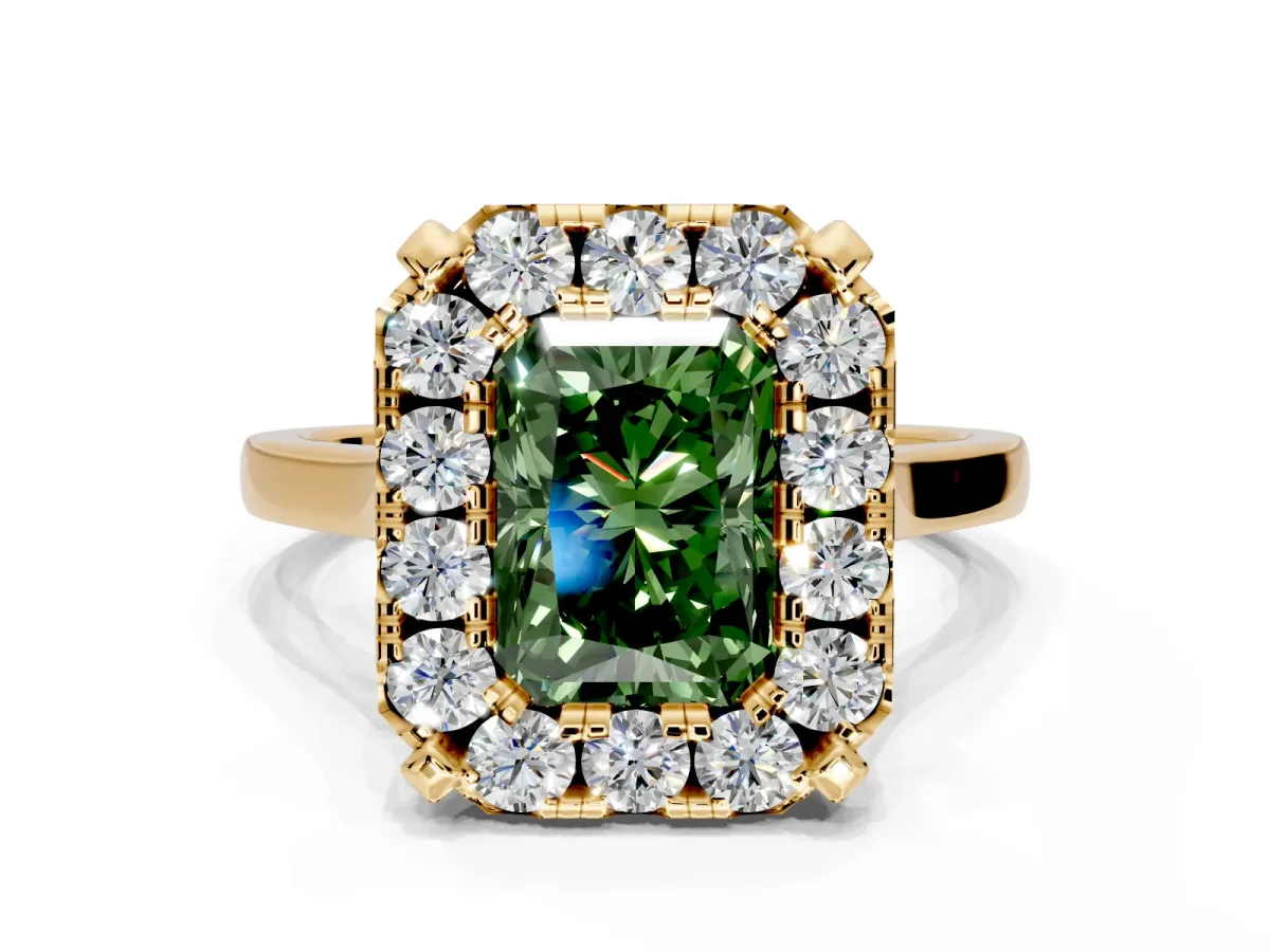 Single Halo Engagement Ring Setting for Fancy Green Radiant Cut Center with Corner Claws, Plain Band and Prong Head in Yellow Gold