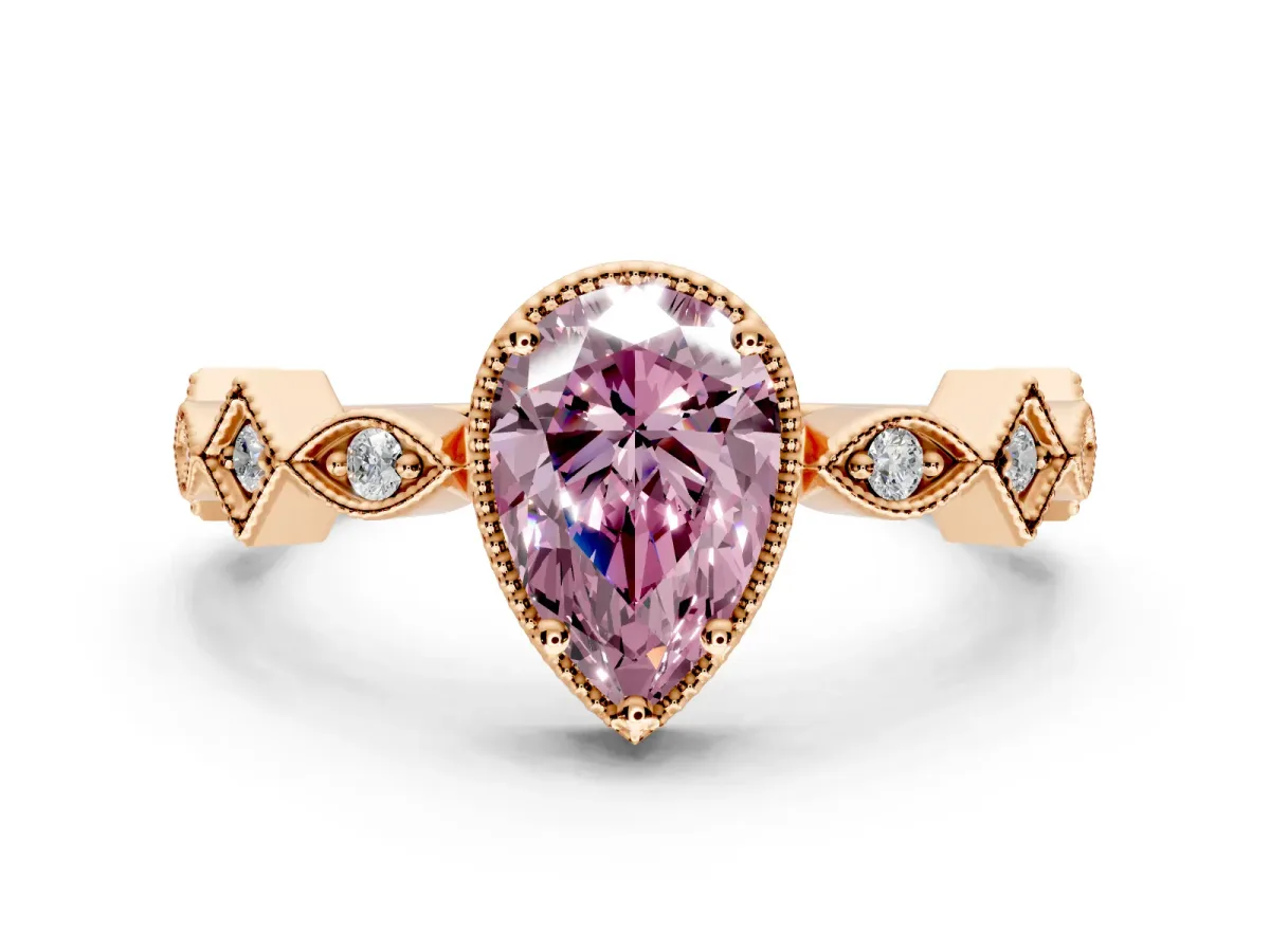 Milgrain Bezel Engagement Ring Setting for Fancy Pink Pear-Shaped Center with Marquise Stations and Bezel Head in Rose Gold