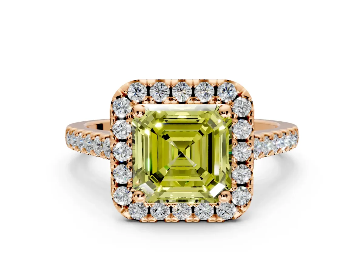 Halo Engagement Ring Setting for Fancy Yellow Asscher Cut Center with Raised Halo, Pave Band and Prong Head in Rose Gold