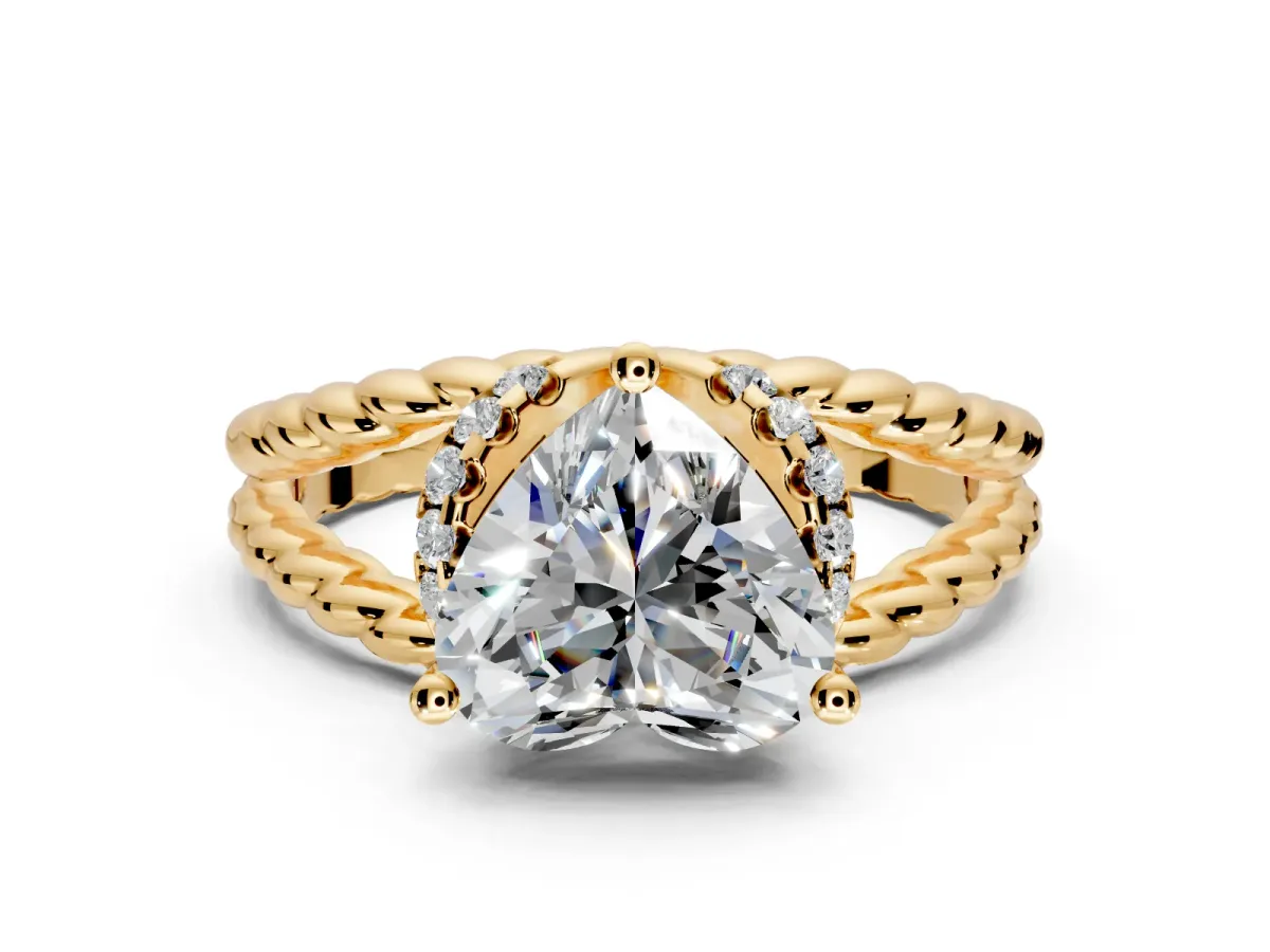 Halo Engagement Ring Setting for Heart-Shaped Center with Rope Twist Split Shank and Prong Head in Yellow Gold