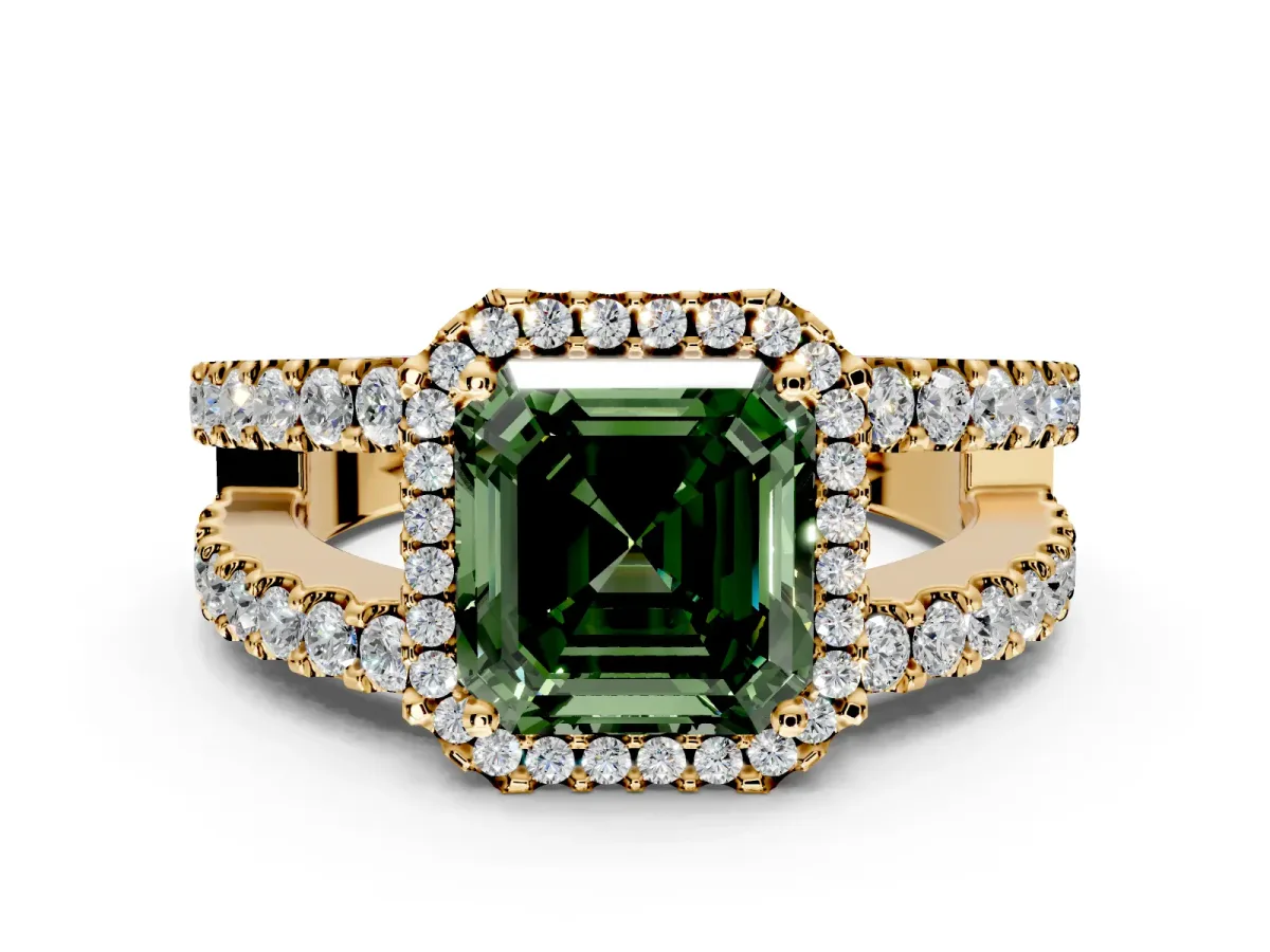 Halo Engagement Ring Setting for Fancy Green Asscher Cut Center with Wide-Open Pave Split Shank and Prong Head in Yellow Gold