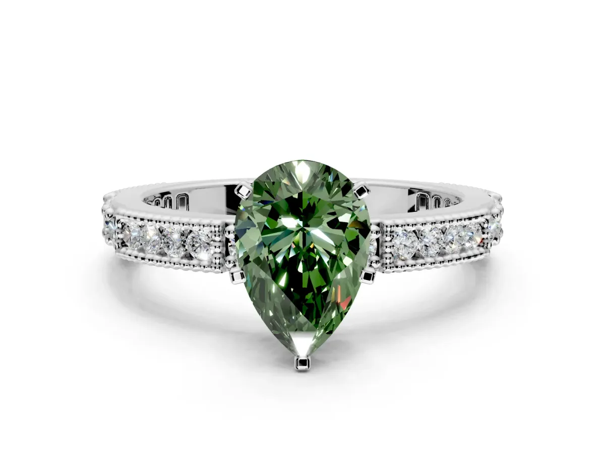 Solitaire Engagement Ring Setting for Fancy Green Pear-Shaped Center with Milgrain-Edged Pave Band and Prong Head in Sterling Silver