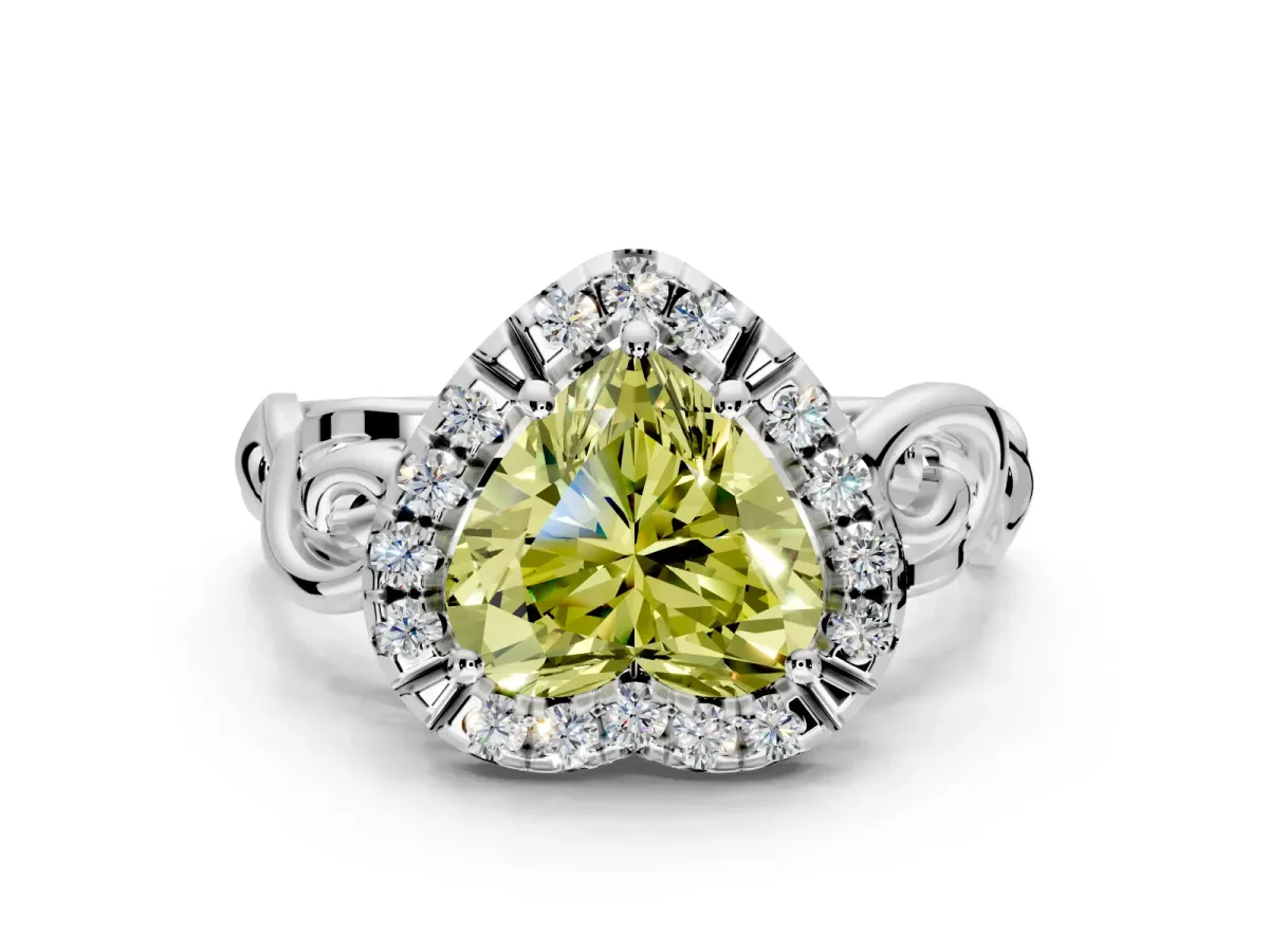Halo Engagement Ring Setting for Fancy Yellow Heart-Shaped Center with Open Scroll Shoulders and Prong Head in Sterling Silver