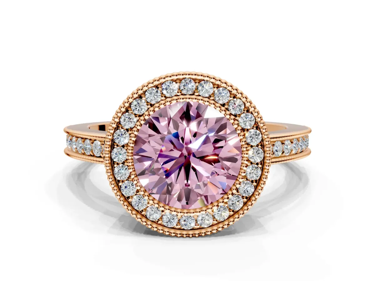 Halo Engagement Ring Setting for Fancy Pink Round Cut Center with Milgrain Halo, Pave Band and Prong Head in Rose Gold