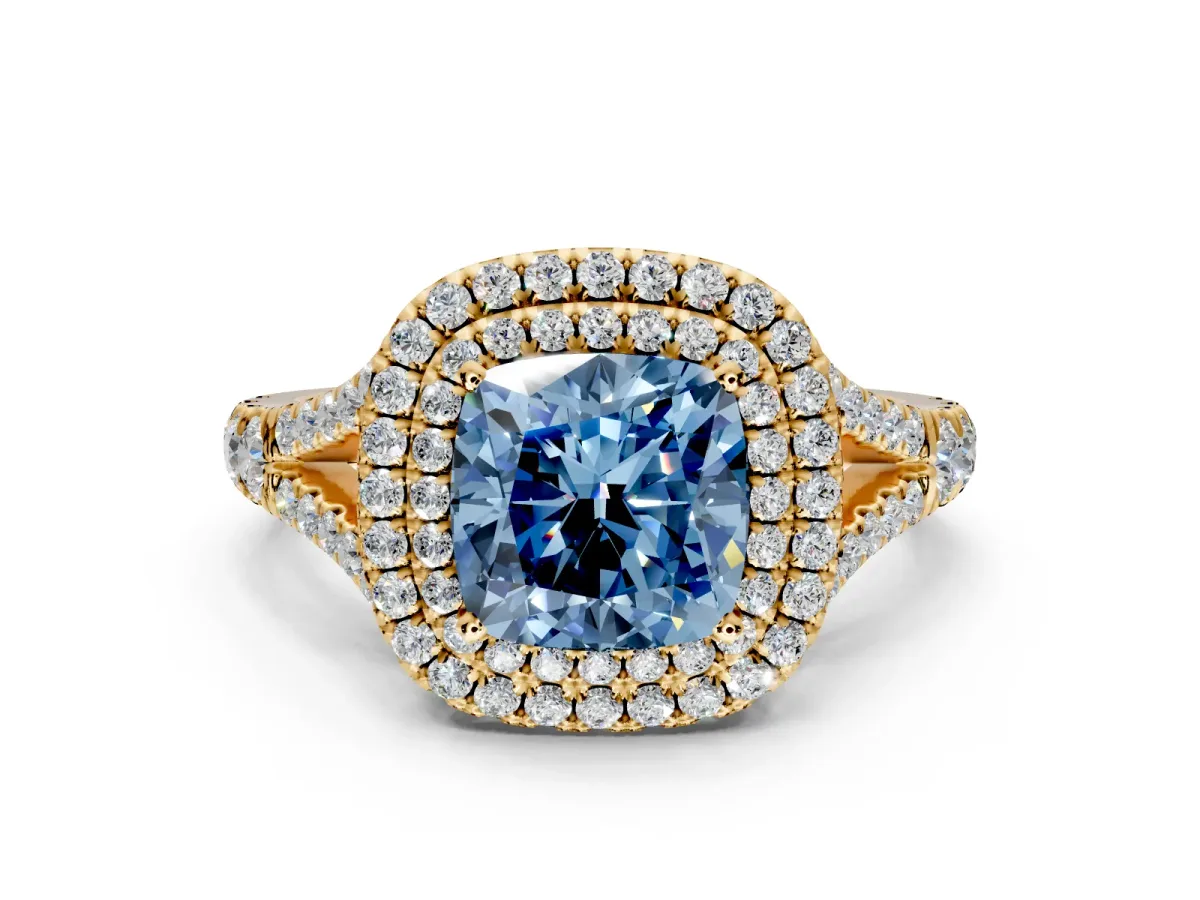 Double Halo Engagement Ring Setting for Fancy Blue Cushion Cut Center with Narrow Pave Split Shank and Prong Head in Yellow Gold