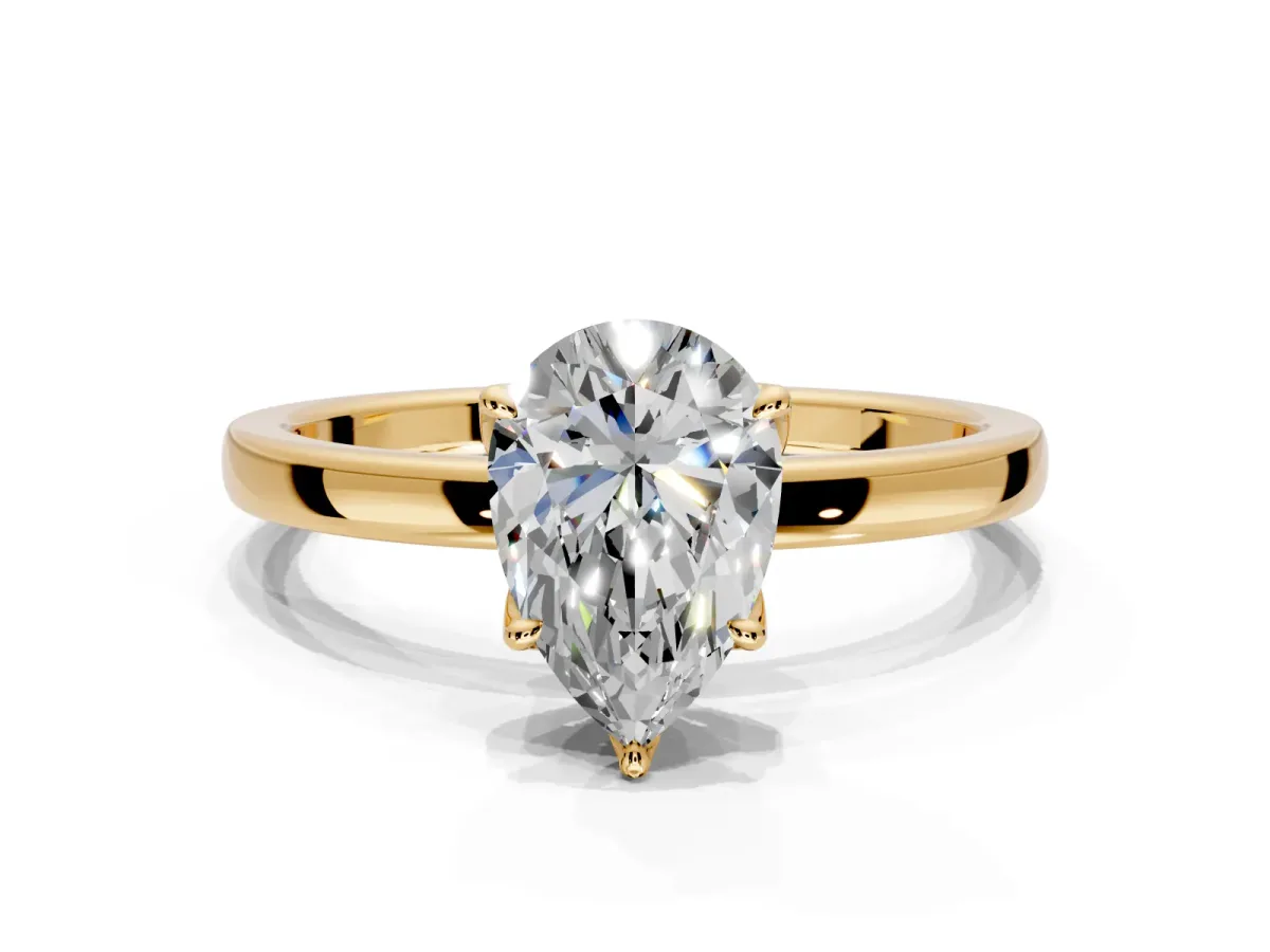 Solitaire Engagement Ring Setting for Pear-Shaped Center with Thin Rounded Plain Band and Prong Head in Yellow Gold