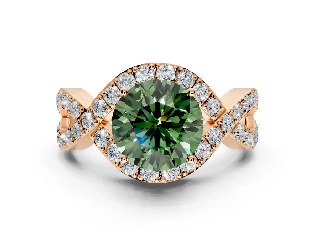 Halo Engagement Ring Setting for Fancy Green Round Cut Center with Pave Infinity Twist Band and Prong Head in Rose Gold