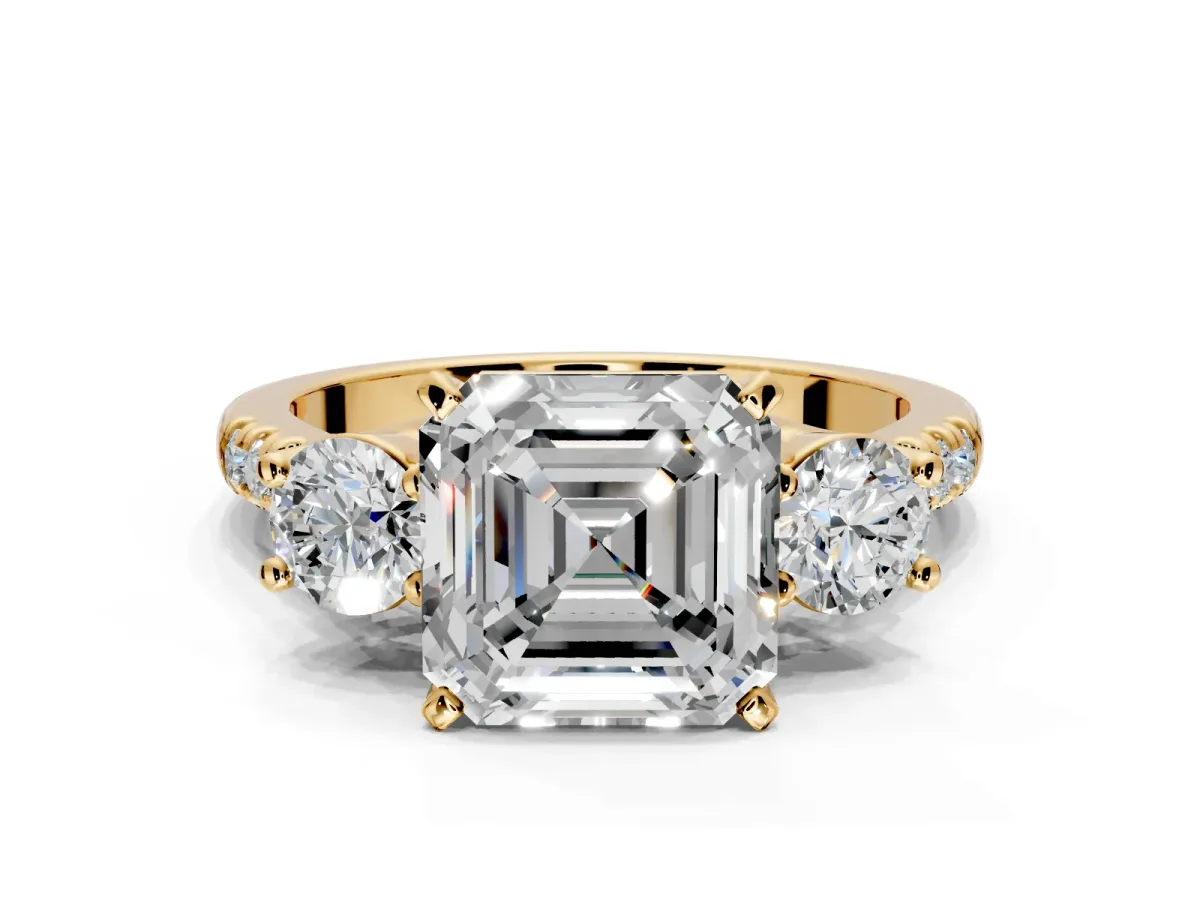 3 Stone Engagement Ring Setting for Asscher Cut Center with Crossover Basket, Pave Band and Prong Head in Yellow Gold