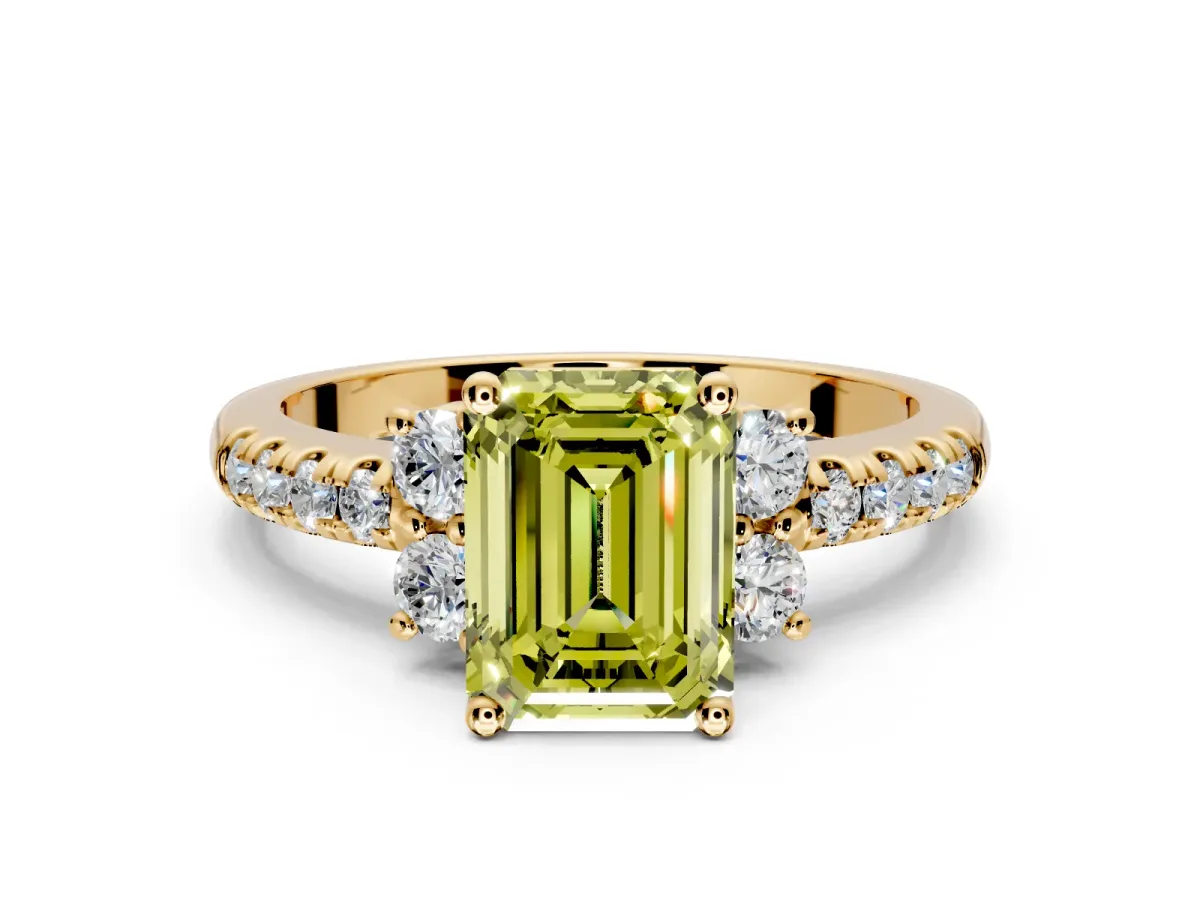 Paired Accent Engagement Ring Setting for Fancy Yellow Emerald Cut Center with Pave Band and Prong Head in Yellow Gold