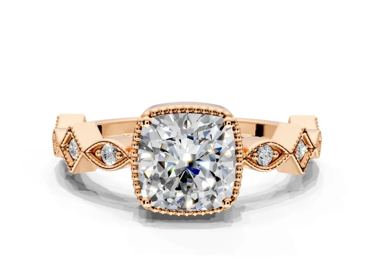 Milgrain Bezel Engagement Ring Setting for Cushion Cut Center with Marquise Stations and Bezel Head in Rose Gold