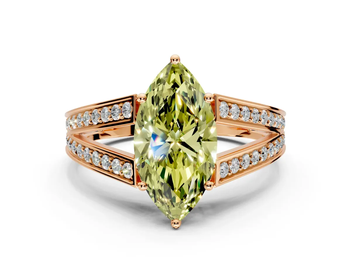Split Shank Engagement Ring Setting for Fancy Yellow Marquise Center with Pave Split Shank and Prong Head in Rose Gold