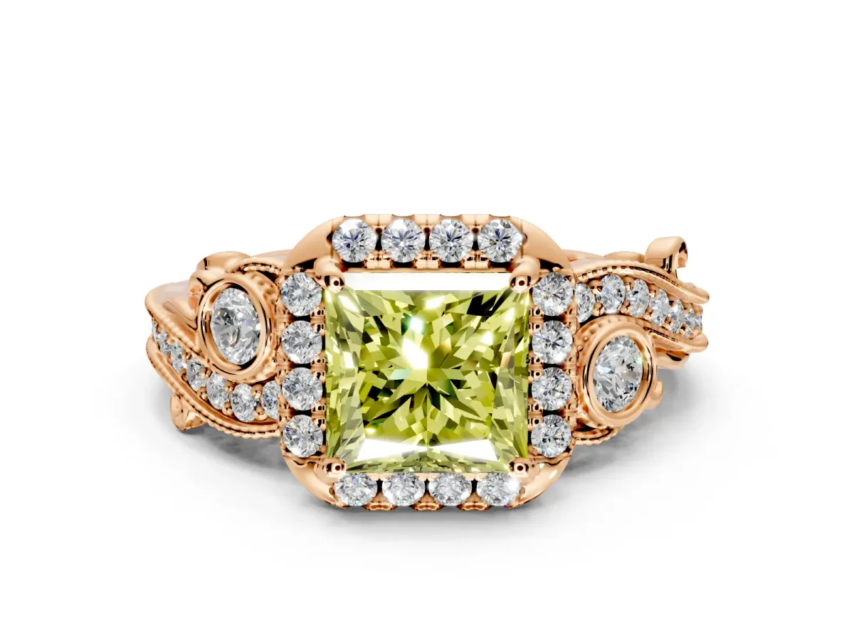 Milgrain Halo Engagement Ring Setting for Fancy Yellow Princess Cut Center with Shoulder Bezels and Prong Head in Rose Gold