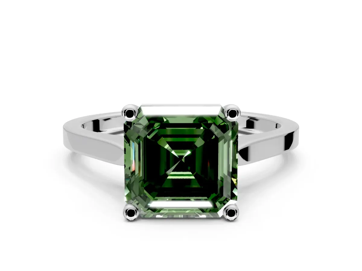 Solitaire Engagement Ring Setting for Fancy Green Asscher Cut Center with Tapered Shoulders and Prong Head in White Gold