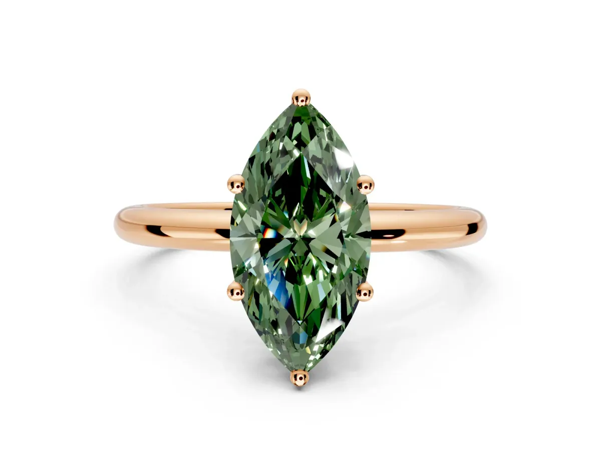 Hidden Halo Engagement Ring Setting for Fancy Green Marquise Center with Thin Round-Wire Band and Prong Head in Rose Gold