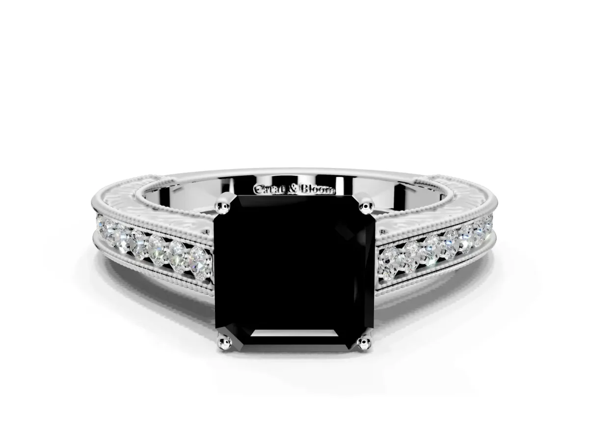 Solitaire Engagement Ring Setting for Fancy Black Asscher Cut Center with Engraved Pave Band and Prong Head in White Gold