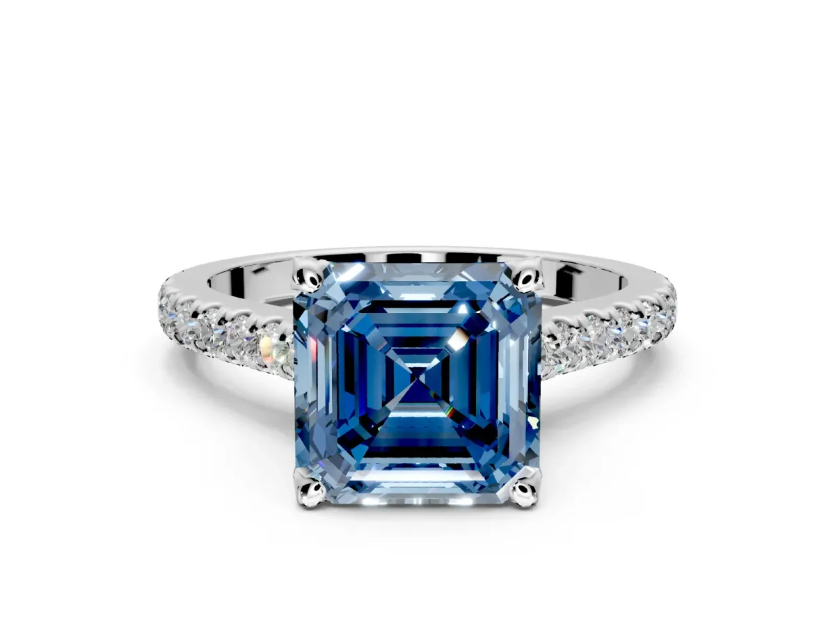 Solitaire Engagement Ring Setting for Fancy Blue Asscher Cut Center with Widening Pave Band and Claw Prong Head in Platinum