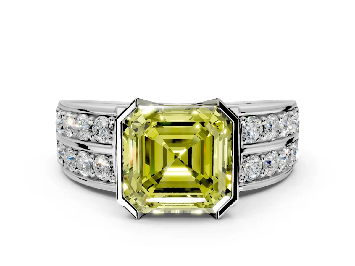 Bezel Engagement Ring Setting for Fancy Yellow Asscher Cut Center with Wide Channel-Set Band and Bezel Head in Platinum