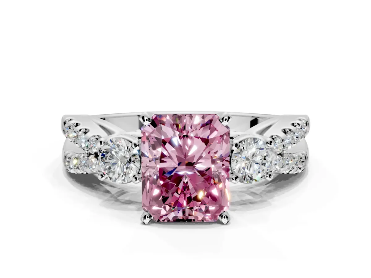 3 Stone Engagement Ring Setting for Fancy Pink Radiant Cut Center with Pave Split Shank and Prong Head in Platinum