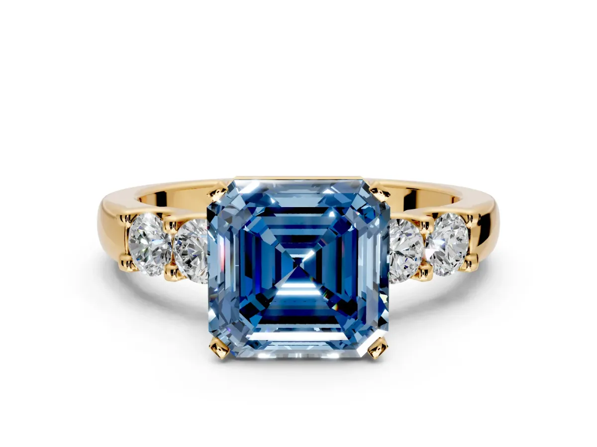 5 Stone Engagement Ring Setting for Fancy Blue Asscher Cut Center with Plain Band and Prong Head in Yellow Gold