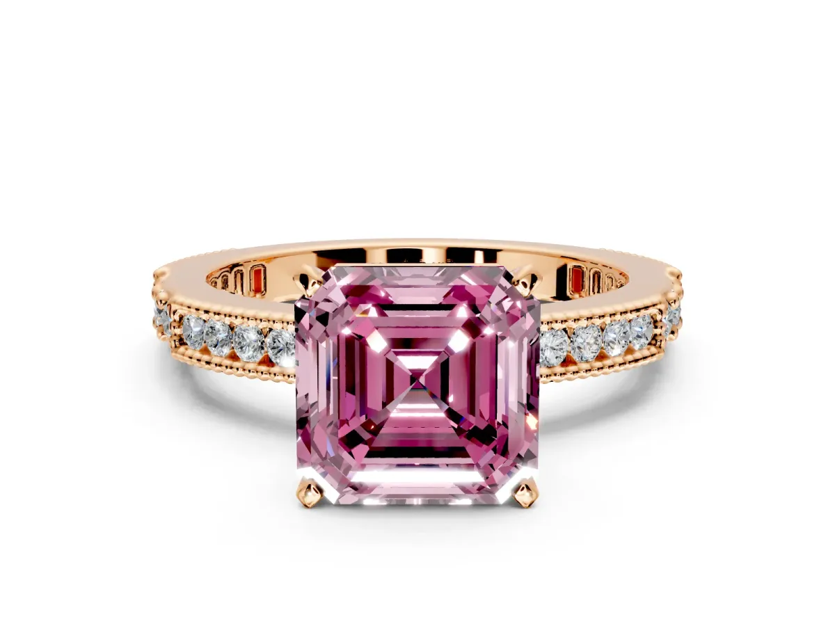 Solitaire Engagement Ring Setting for Fancy Pink Asscher Cut Center with Milgrain-Edged Pave Band and Prong Head in Rose Gold