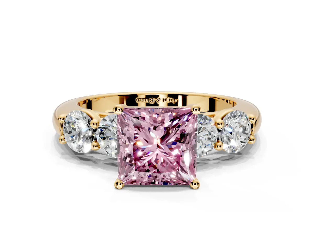 5 Stone Engagement Ring Setting for Fancy Pink Princess Cut Center with Graduated Accents and Prong Head in Yellow Gold