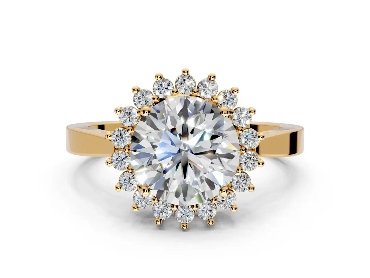 Starburst Halo Engagement Ring Setting for Round Cut Center with Flat Cathedral Band and Prong Head in Yellow Gold