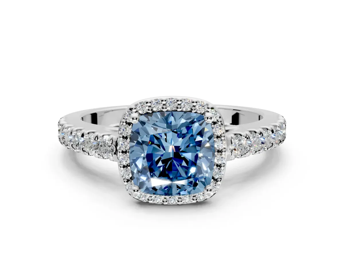 Halo Engagement Ring Setting for Fancy Blue Cushion Cut Center with Full Pave Band and Prong Head in White Gold