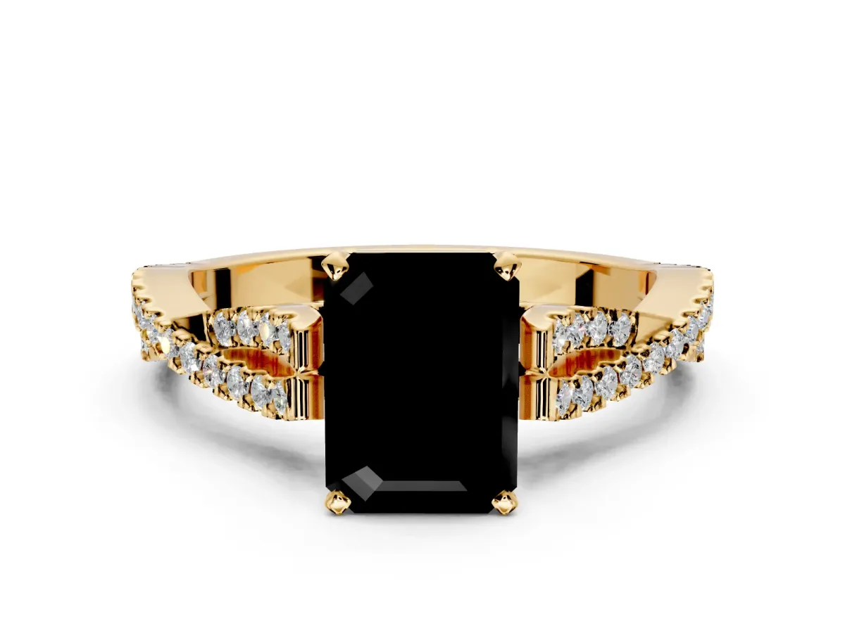 Solitaire Engagement Ring Setting for Fancy Black Emerald Cut Center with Twisted Pave Split Shank and Prong Head in Yellow Gold