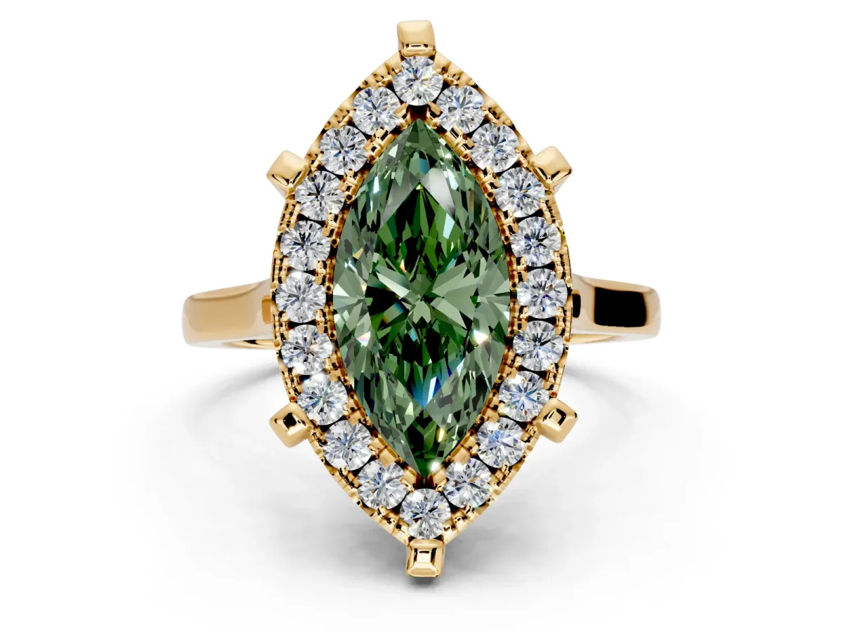 Single Halo Engagement Ring Setting for Fancy Green Marquise Center with Corner Claws, Plain Band and Prong Head in Yellow Gold