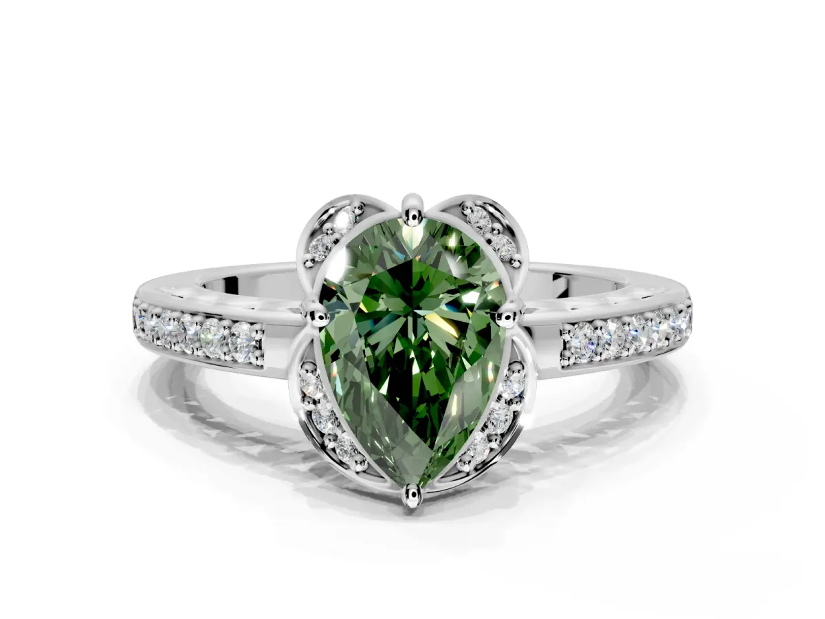Floral Engagement Ring Setting for Fancy Green Pear-Shaped Center with Four Accent Clusters and Prong Head in Sterling Silver