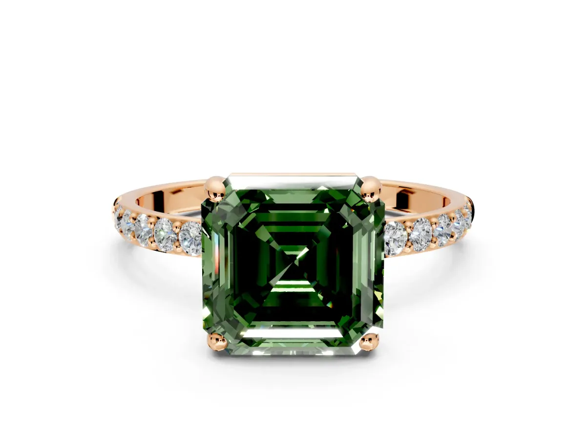 Solitaire Engagement Ring Setting for Fancy Green Asscher Cut Center with Pave Accents and Prong Head in Rose Gold