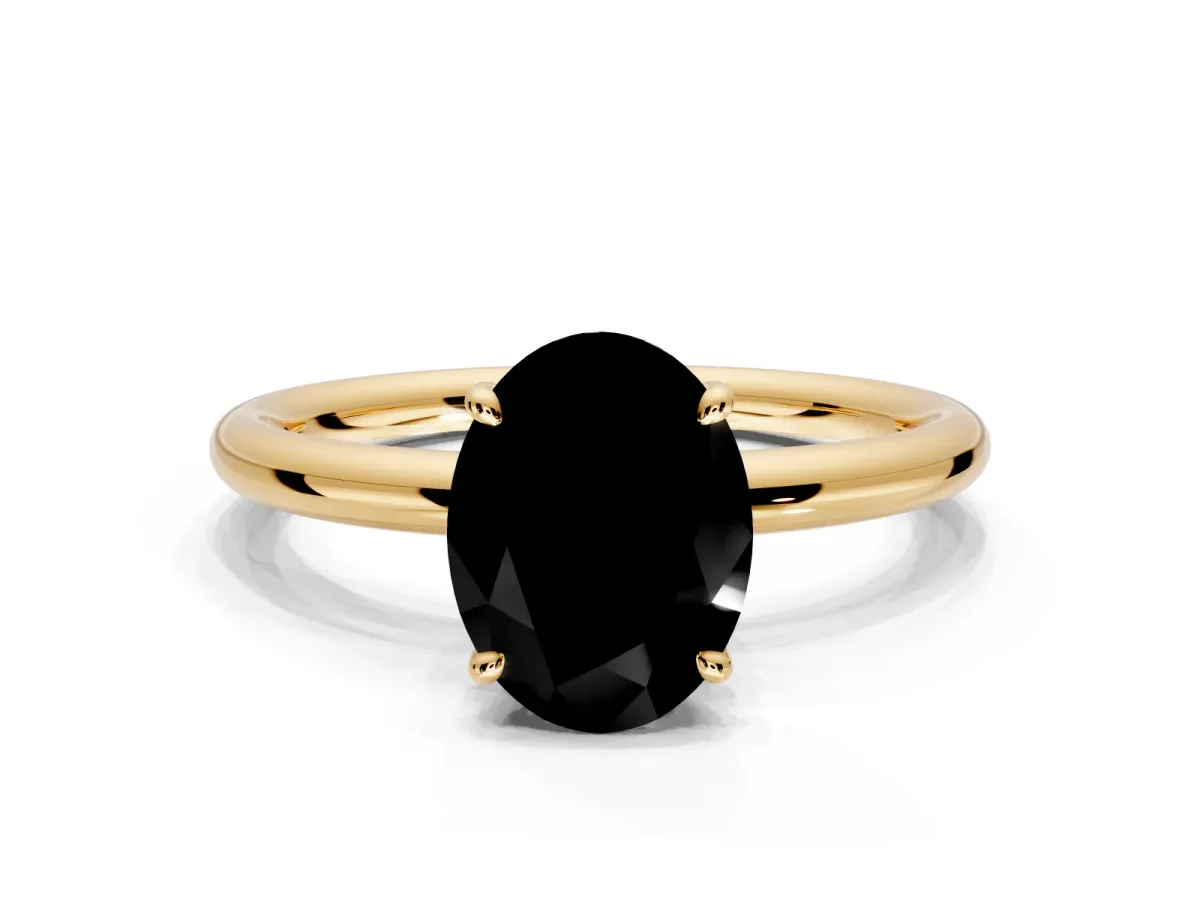 Hidden Halo Engagement Ring Setting for Fancy Black Oval Center with Thin Rounded Band and Prong Head in Yellow Gold