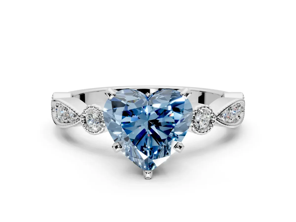Solitaire Engagement Ring Setting for Fancy Blue Heart-Shaped Center with Milgrain Bezel Accents and Prong Head in Platinum