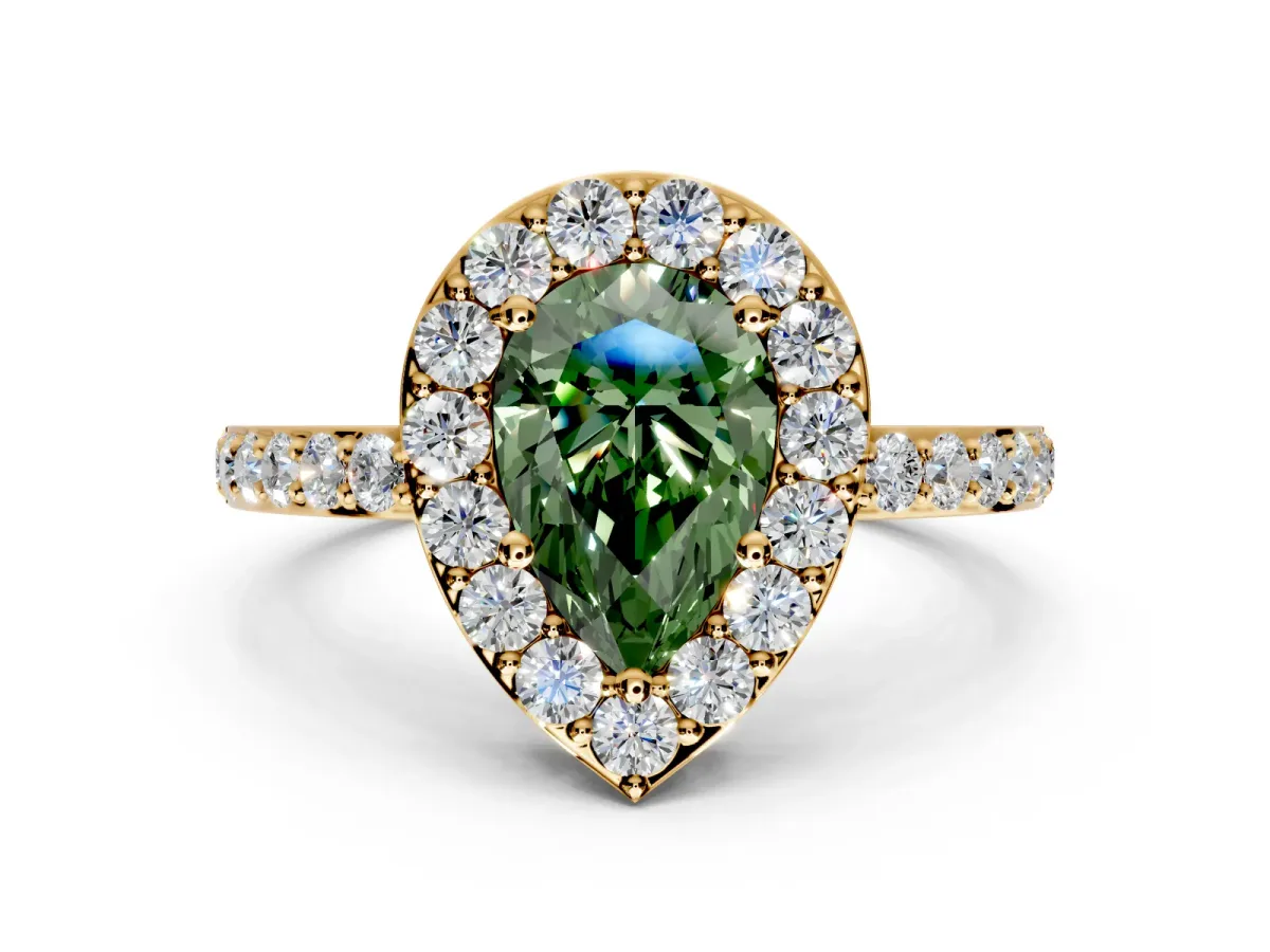 Halo Engagement Ring Setting for Fancy Green Pear-Shaped Center with Heart-Shaped Openwork, Pave Band and Prong Head in Yellow Gold