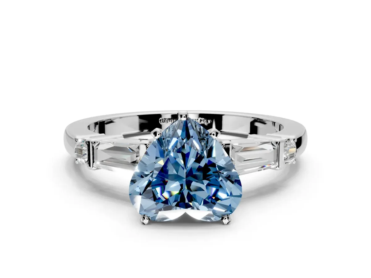 Bar-Set Engagement Ring Setting for Fancy Blue Heart-Shaped Center with Tapered Baguette Accents and Prong Head in Sterling Silver