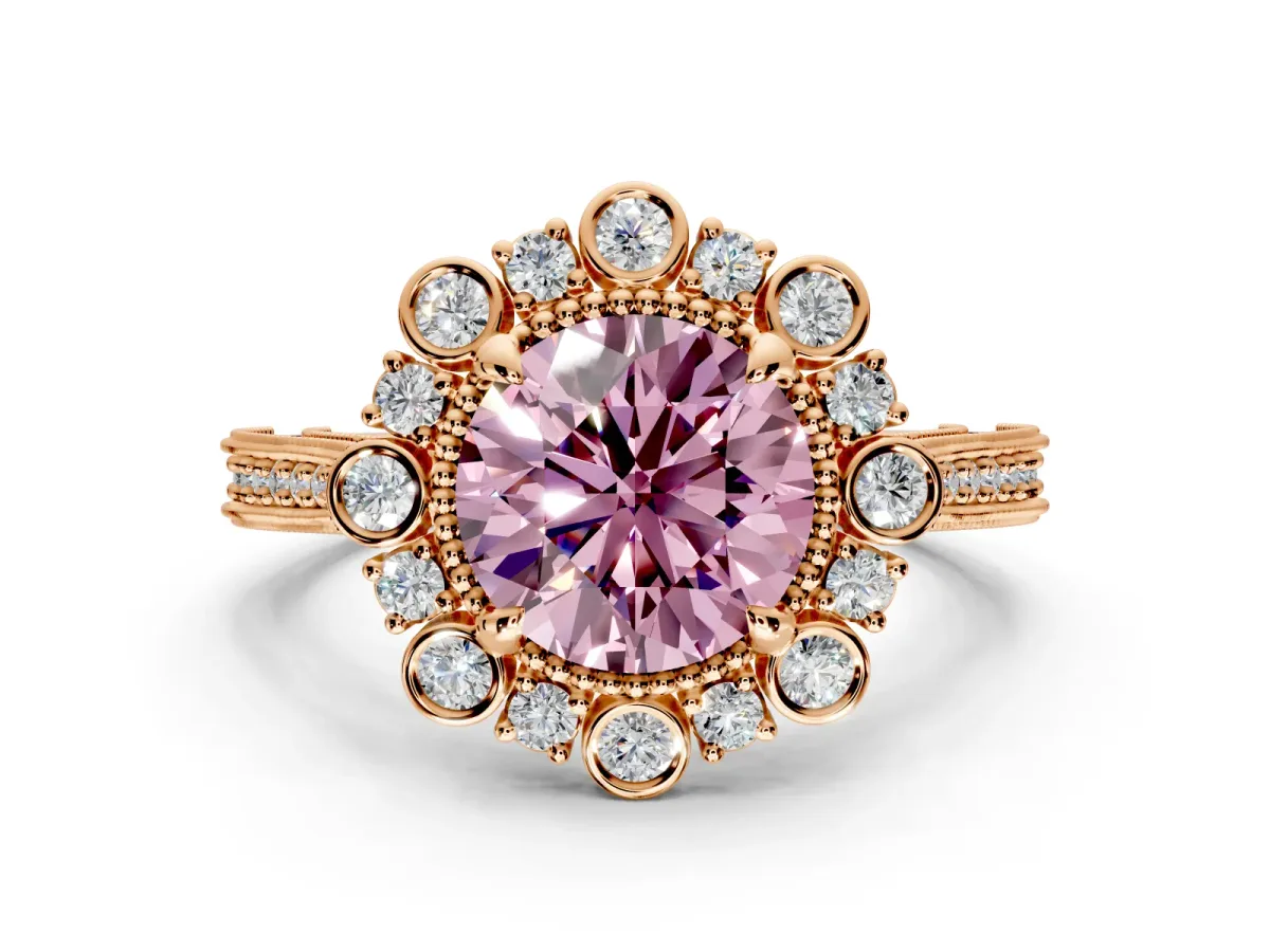 Milgrain Halo Engagement Ring Setting for Fancy Pink Round Cut Center with Bezel Point Accents and Prong Head in Rose Gold