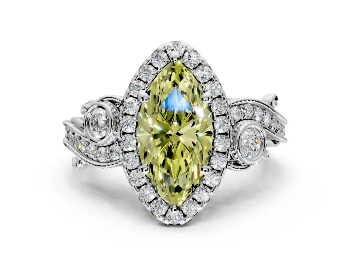 Milgrain Halo Engagement Ring Setting for Fancy Yellow Marquise Center with Shoulder Bezels and Prong Head in Sterling Silver