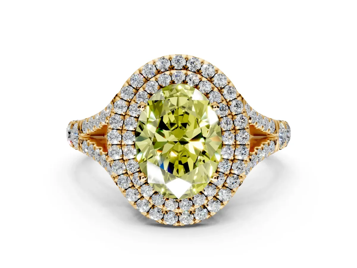 Double Halo Engagement Ring Setting for Fancy Yellow Oval Center with Narrow Pave Split Shank and Prong Head in Yellow Gold