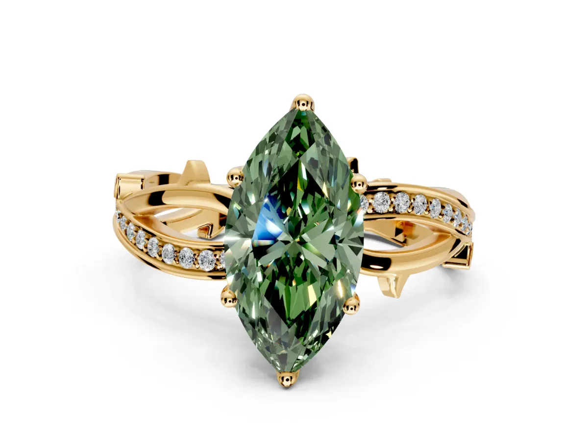 Solitaire Engagement Ring Setting for Fancy Green Marquise Center with Pave and Plain Crossover Band and Prong Head in Yellow Gold