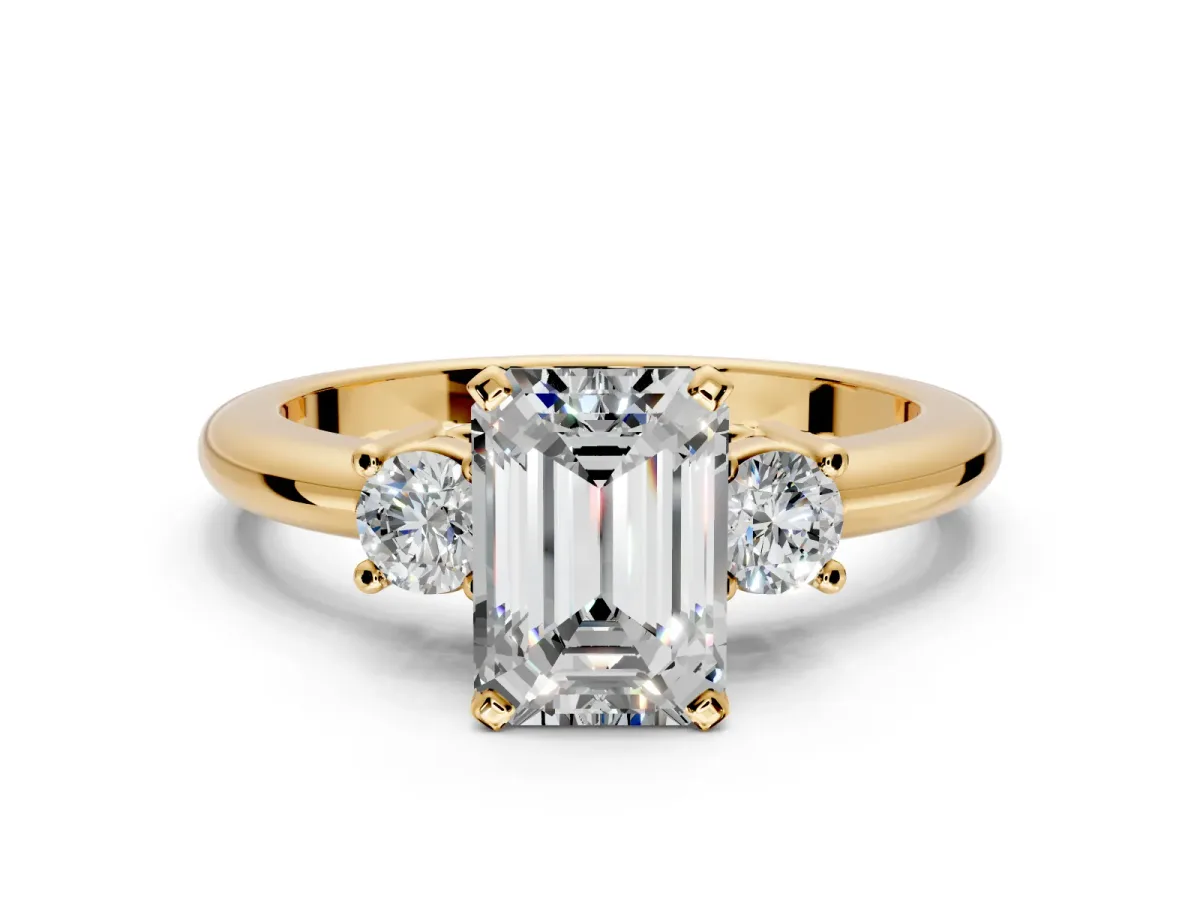 3 Stone Engagement Ring Setting for Emerald Cut Center with Wide Plain Band and Prong Head in Yellow Gold
